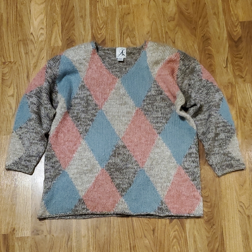 JK America Mohair Blend V-Neck VTG Argyle Sweater Womens 18 / 20 Taupe Pink Blue